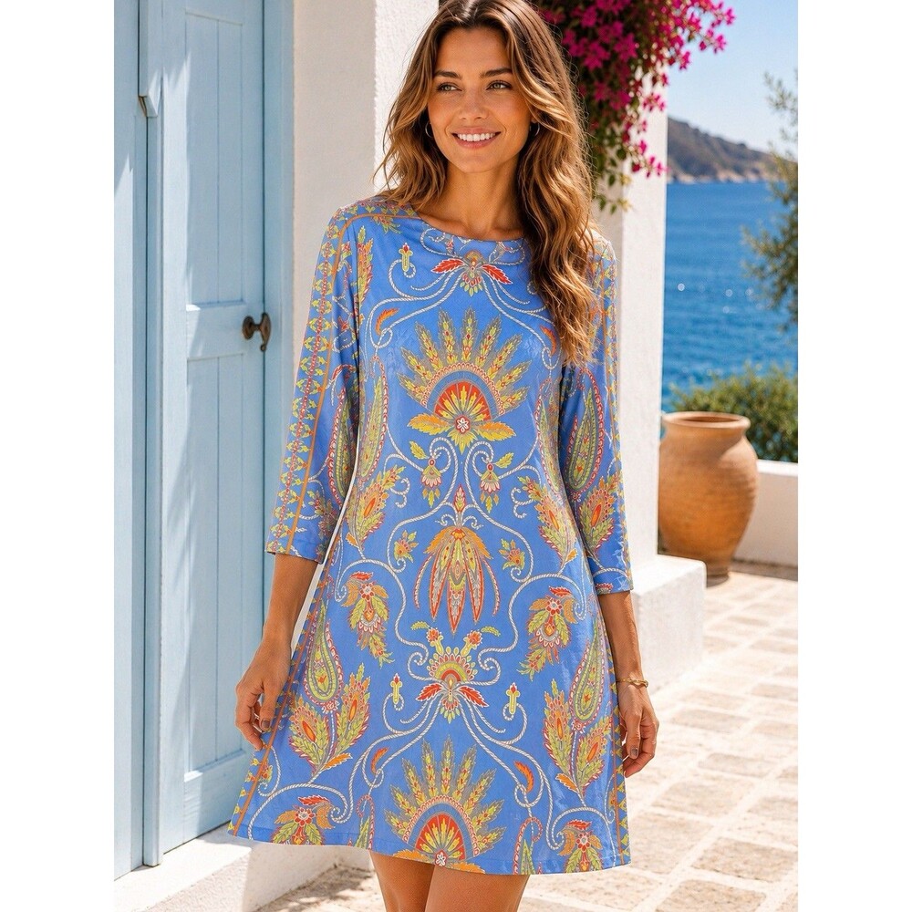 Gretchen Scott Jersey Swing Dress Womens M Plume Blue Paisley‎ Print Coastal